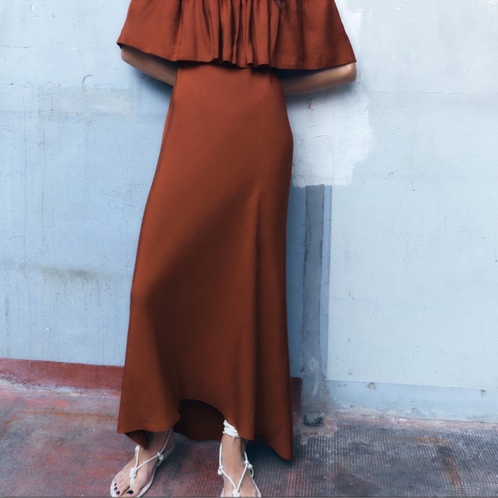 Zara Off Shoulder Linen Blend Ruffle Maxi  Rust Dress Small - Picture 6 of 14